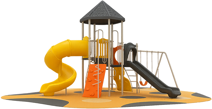 A modern yellow and grey playground structure with spiral slides and integrated swings. Allsite Services.